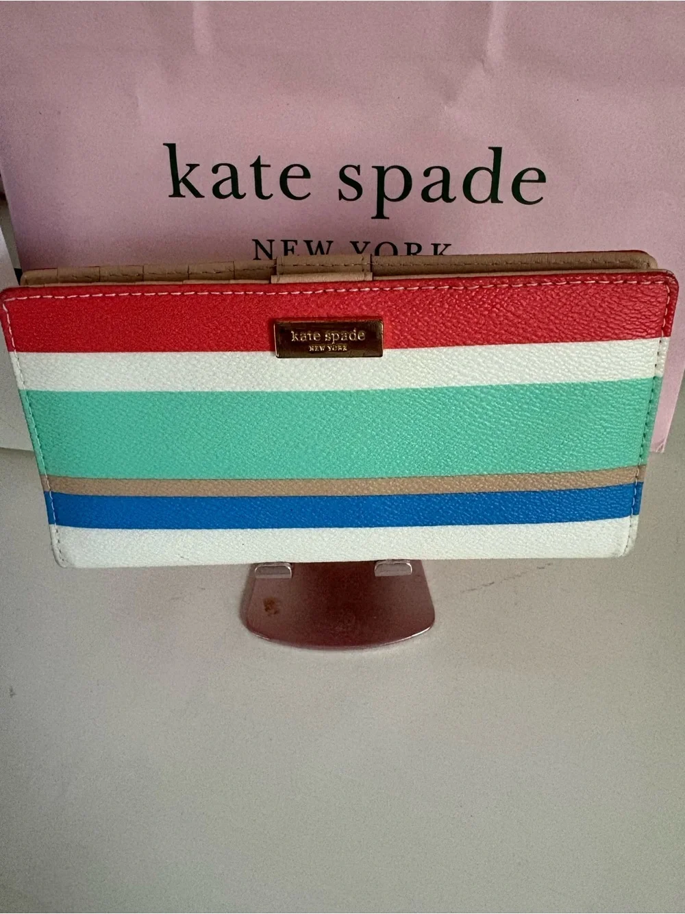 kate spade Multicolor Striped Leather Wallet - Red, White, Mint, Blue, Tan